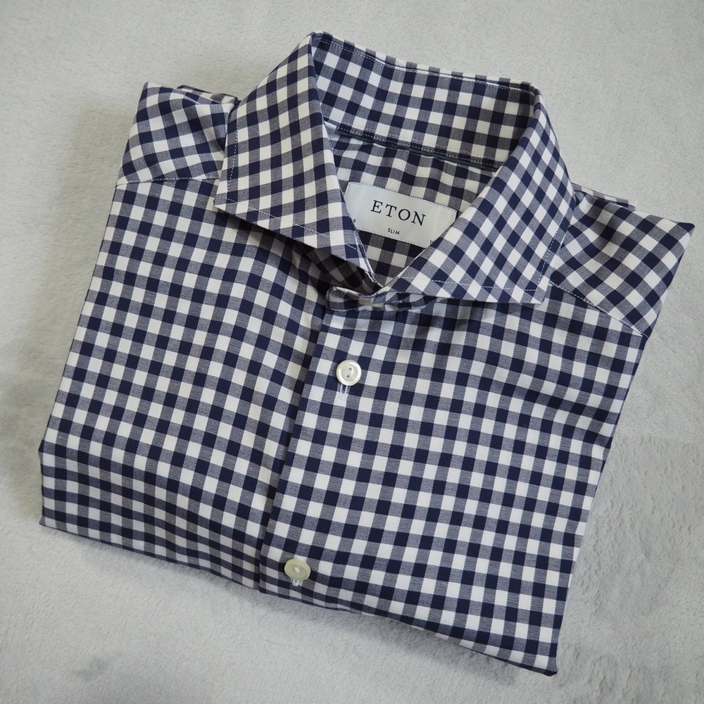 Eton Navy and White Gingham Button-Down Shirt - Picture 13 of 13